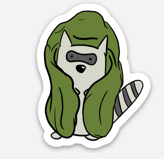 Raccoon and green blanket