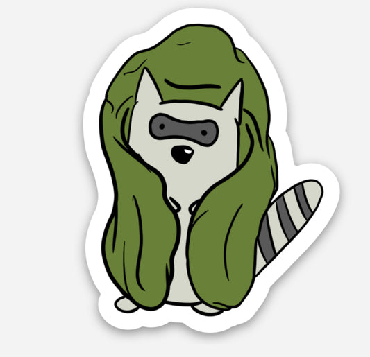 Raccoon and green blanket